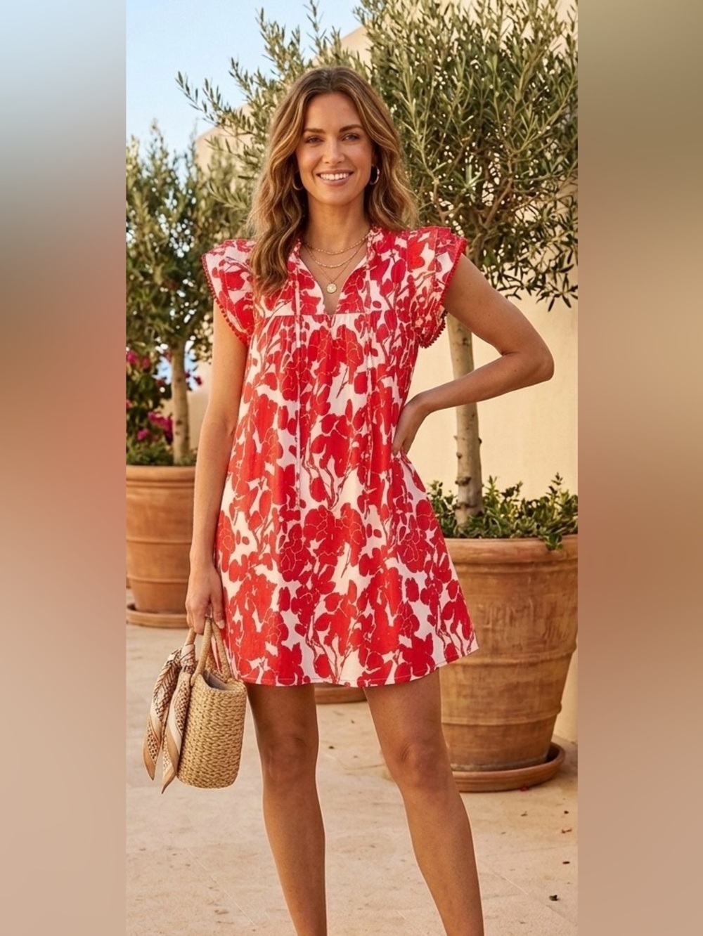 AVARA Red and White Floral PomPom Flutter Sleeve Split Neck Mini Dress